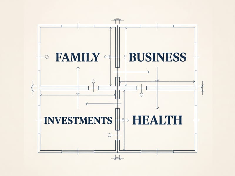 Blueprint-style diagram divided into four sections labeled Family, Business, Investments, and Health